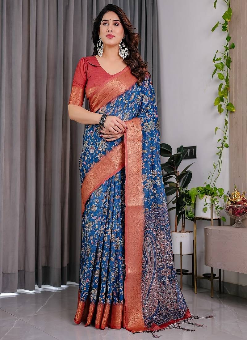 Blue Color digital floral prints And zari woven Work Linen Saree
