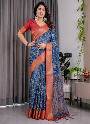 Blue Color digital floral prints And zari woven Work Linen Saree 2
