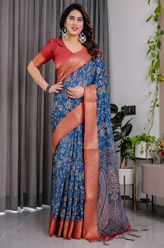 Blue digital floral prints And zari woven Work Linen Saree