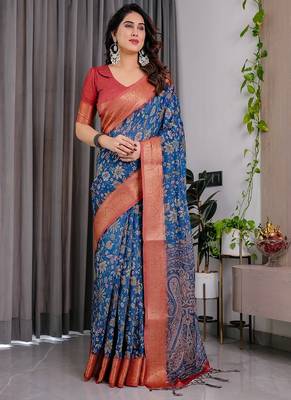 Blue Color digital floral prints And zari woven Work Linen Saree 3