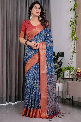 Blue digital floral prints And zari woven Work Linen Saree