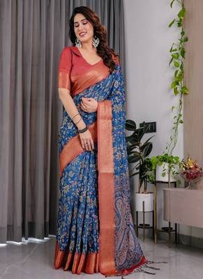 Blue Color digital floral prints And zari woven Work Linen Saree 4