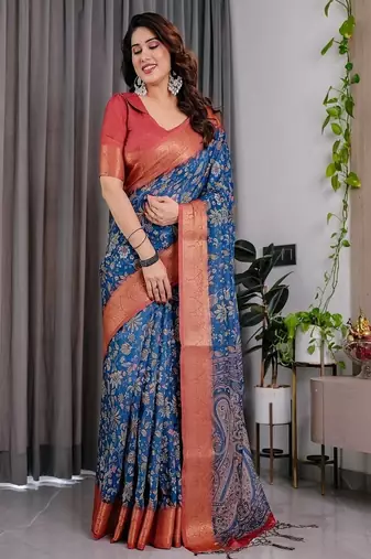 Blue digital floral prints And zari woven Work Linen Saree