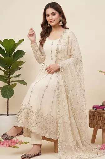 Designer white heavy zari & sequins work anarkali gown