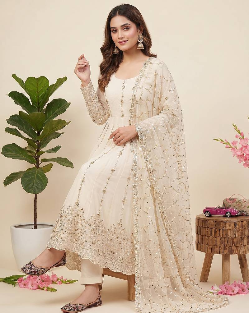 Designer white heavy zari & sequins work anarkali gown