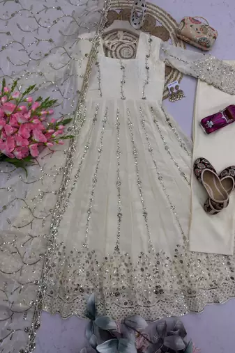 Designer white heavy zari & sequins work anarkali gown