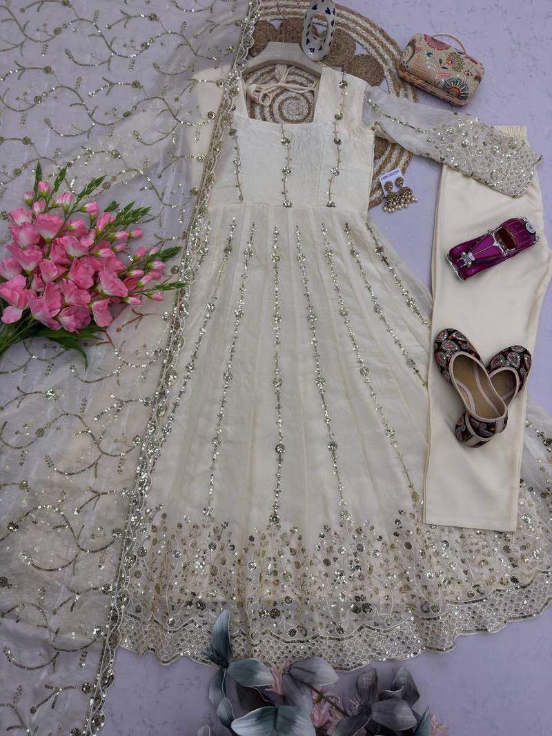 Designer white heavy zari & sequins work anarkali gown