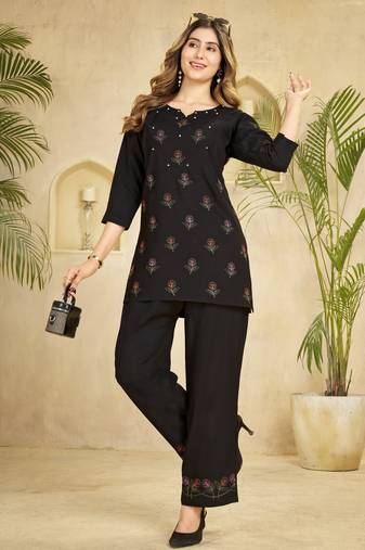 Trendy black floral embroidered ethnic co-ord set for women