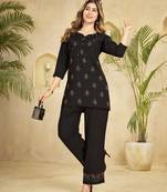 Trendy black floral embroidered ethnic co-ord set for women