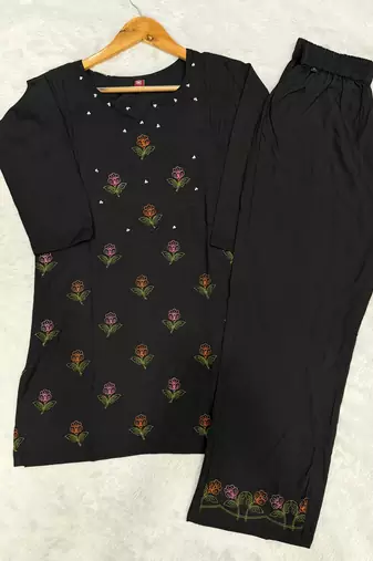 Trendy black floral embroidered ethnic co-ord set for women