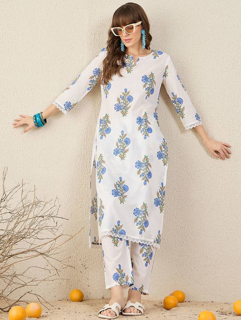 Women Floral Printed Regular Pure Cotton Kurta with Trousers