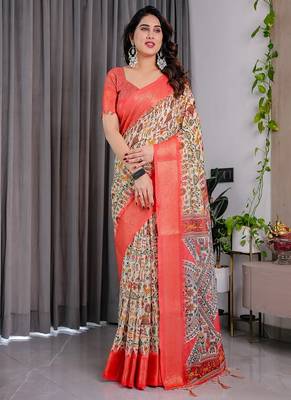 Cream Color digital floral prints And zari woven Work Linen Saree 1