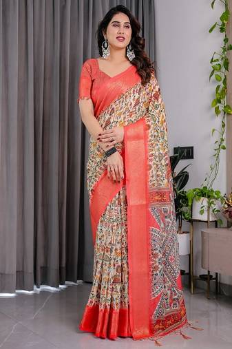 Cream digital floral prints And zari woven Work Linen Saree