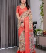 Cream Color digital floral prints And zari woven Work Linen Saree