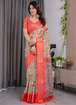 Cream Color digital floral prints And zari woven Work Linen Saree 2