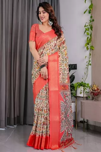 Cream digital floral prints And zari woven Work Linen Saree