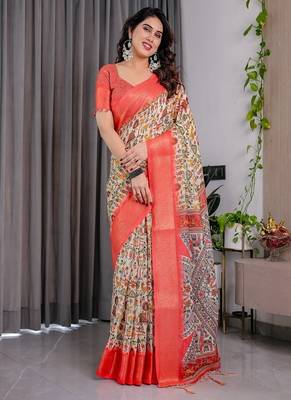 Cream Color digital floral prints And zari woven Work Linen Saree 3