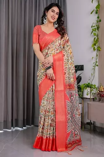 Cream digital floral prints And zari woven Work Linen Saree