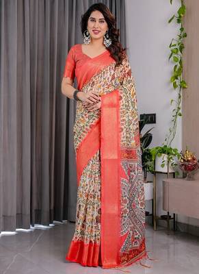 Cream Color digital floral prints And zari woven Work Linen Saree 4