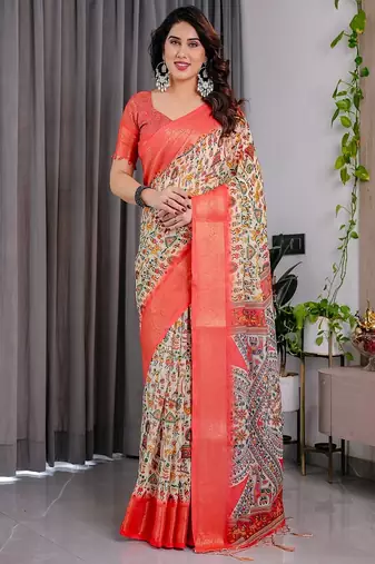 Cream digital floral prints And zari woven Work Linen Saree