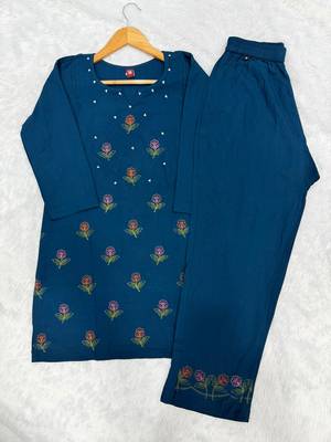 Trendy blue floral embroidered ethnic co-ord set for women 3