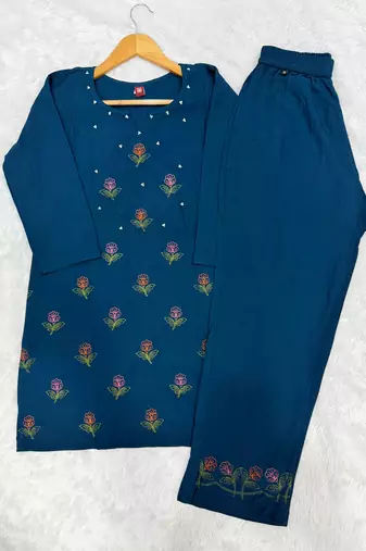 Trendy blue floral embroidered ethnic co-ord set for women
