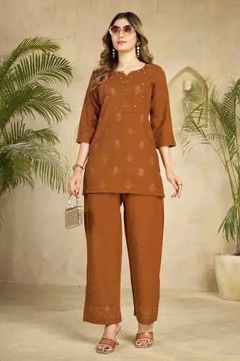 Trendy orange floral embroidered ethnic co-ord set for women