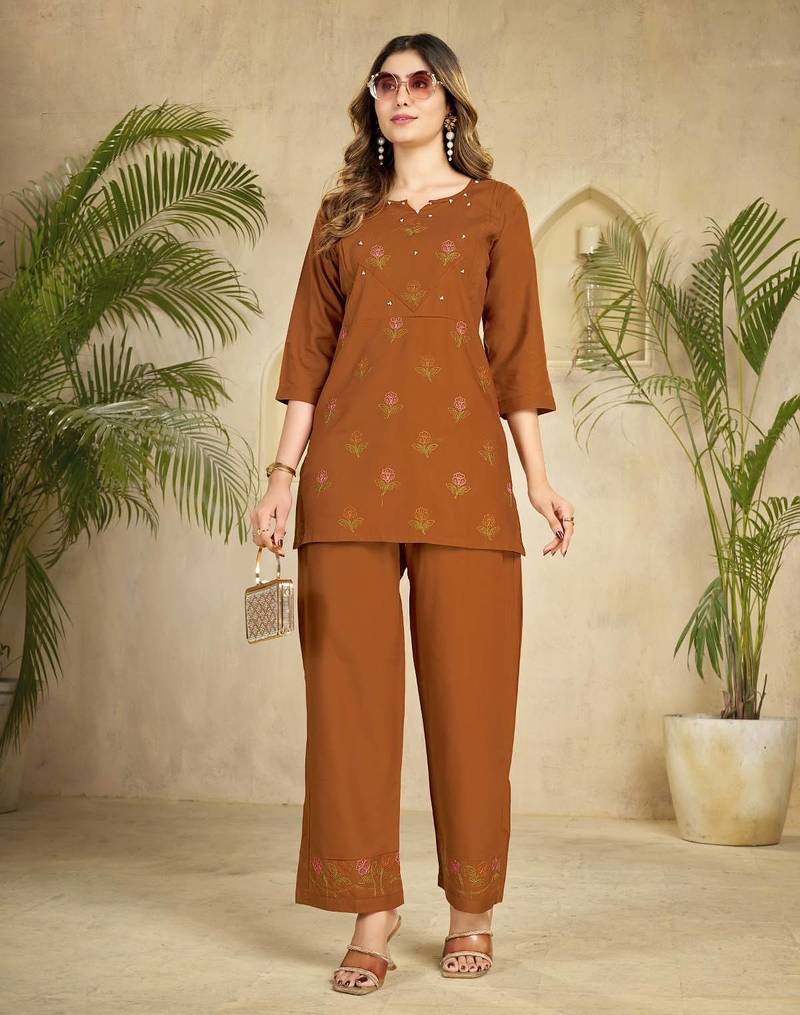 Trendy orange floral embroidered ethnic co-ord set for women