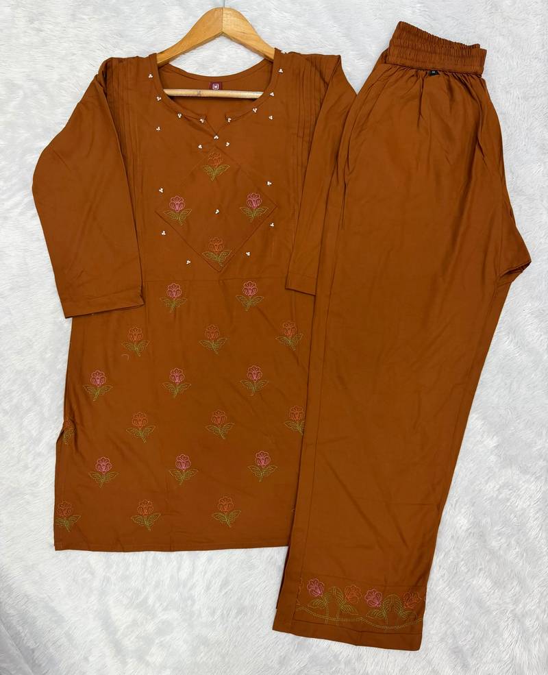 Trendy orange floral embroidered ethnic co-ord set for women