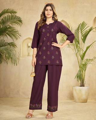Trendy wine floral embroidered ethnic co-ord set for women 1