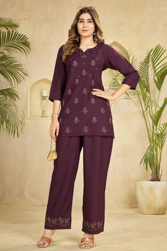 Trendy wine floral embroidered ethnic co-ord set for women
