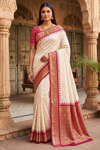 white soft silk blend saree with zari weaving meenakari design