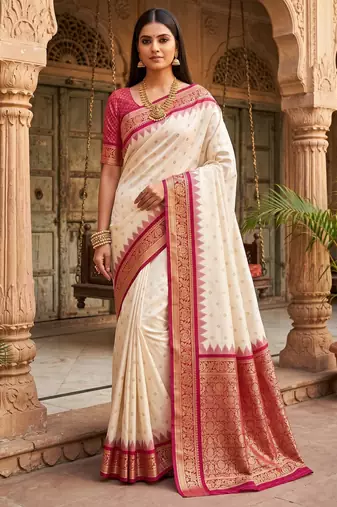 white soft silk blend saree with zari weaving meenakari design