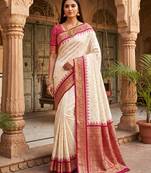 White soft banarasi silk saree with zari weaving meenakari design