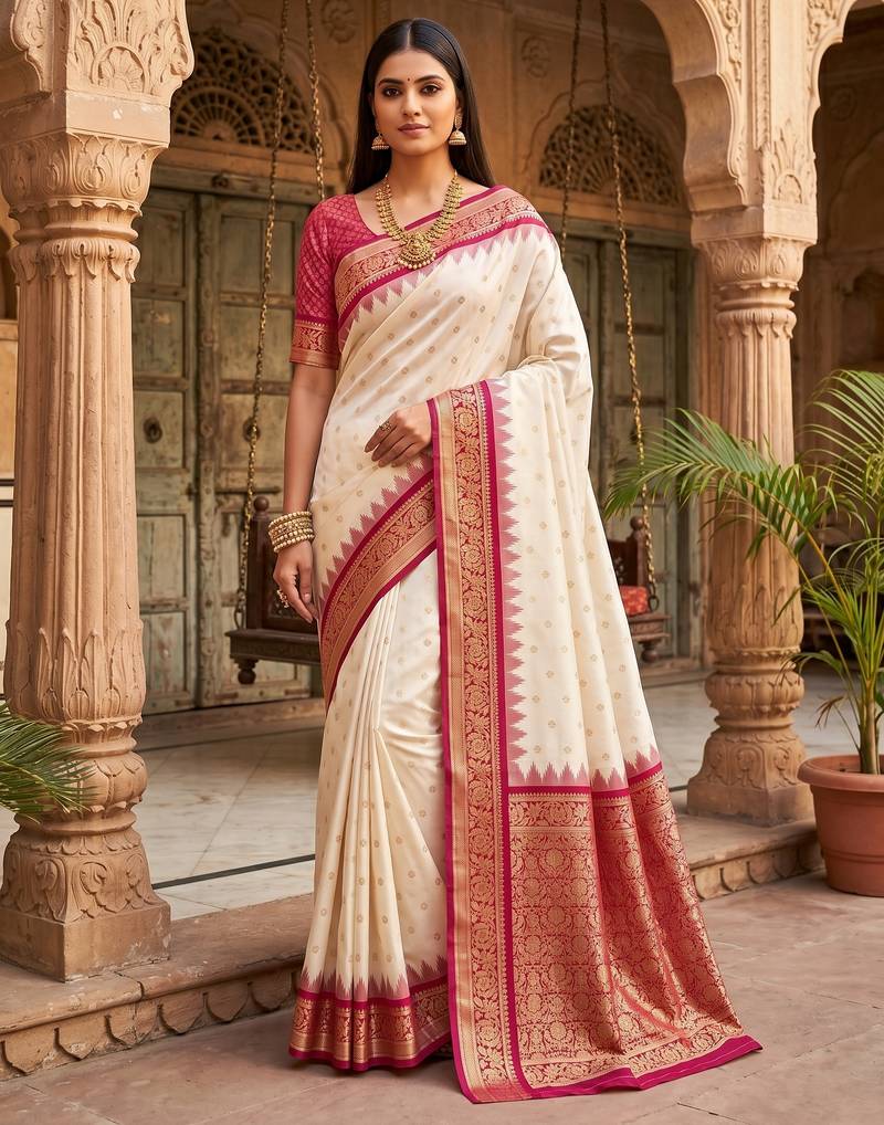 White soft banarasi silk saree with zari weaving meenakari design