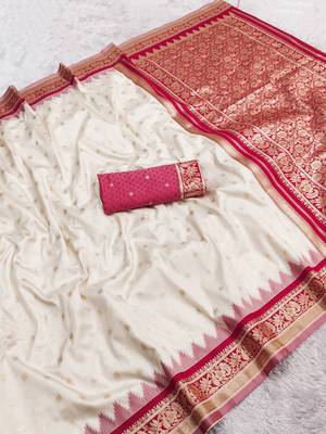 White soft banarasi silk saree with zari weaving meenakari design 2