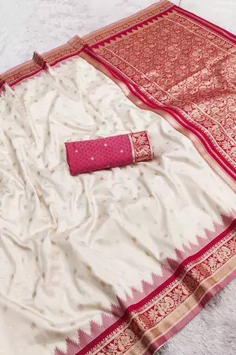 white soft silk blend saree with zari weaving meenakari design