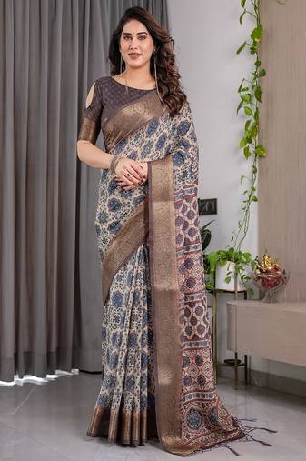 Grey digital floral prints And zari woven Work Linen Saree