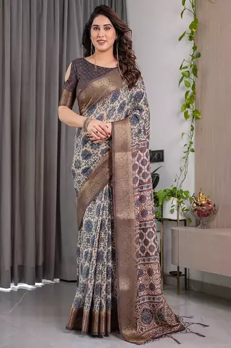 Grey Color digital floral prints And zari woven Work Linen Saree