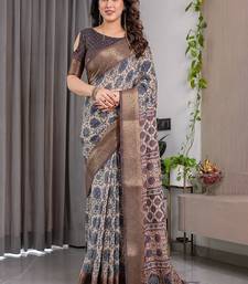 Grey Color digital floral prints And zari woven Work Linen Saree