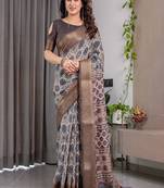 Grey Color digital floral prints And zari woven Work Linen Saree