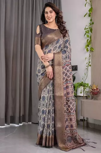 Grey Color digital floral prints And zari woven Work Linen Saree