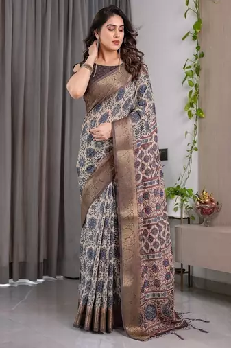 Grey Color digital floral prints And zari woven Work Linen Saree