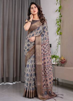 Grey Color digital floral prints And zari woven Work Linen Saree 4