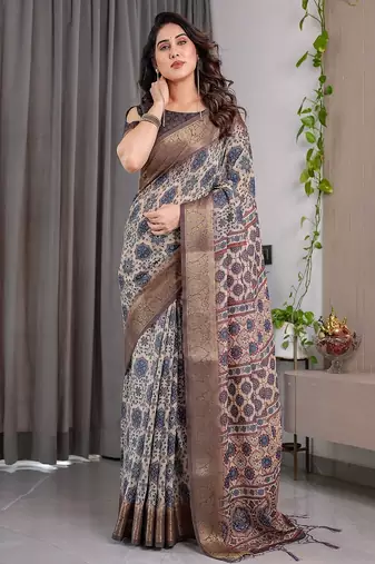 Grey Color digital floral prints And zari woven Work Linen Saree