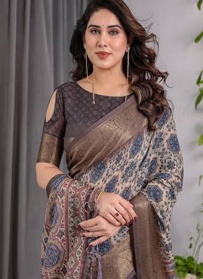 Grey Color digital floral prints And zari woven Work Linen Saree 5