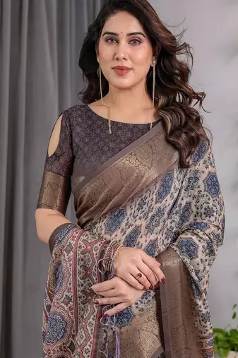 Grey Color digital floral prints And zari woven Work Linen Saree