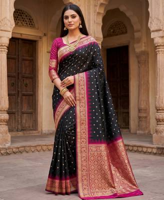 Black soft banarasi silk saree with zari weaving meenakari design 1