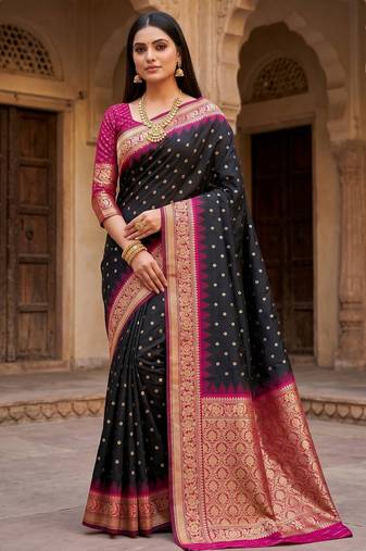 black soft silk blend saree with zari weaving meenakari design