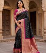 Black soft banarasi silk saree with zari weaving meenakari design
